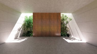 Yeşillik bitkiler ve ahşap paneller içeren modern beton yapı.