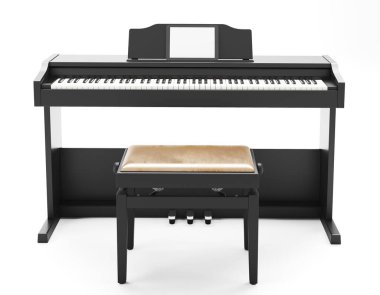 Beyaz zemin üzerinde bir elektrikli piyanonun 3 boyutlu canlandırması. 