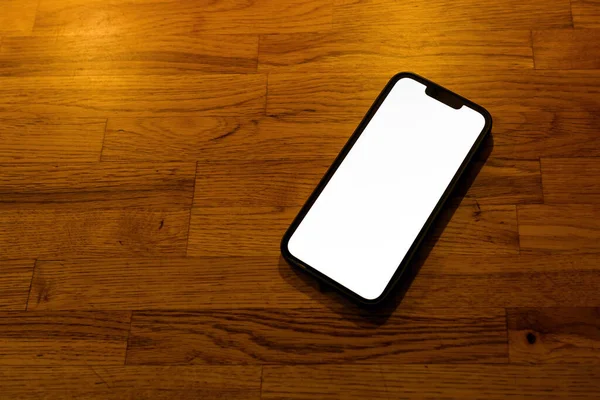 Mobilní Telefon Prázdný Bílý Displej Mockup Smartphone Podlaze Tvrdého Dřeva — Stock fotografie