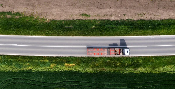 Aerial Shot Truck Semi Trailer Container Transport Drone Pov Directly — 图库照片