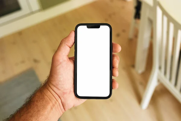 Smartphone Schermo Mockup Uomo Possesso Telefono Cellulare Con Bianco Touchscreen — Foto Stock