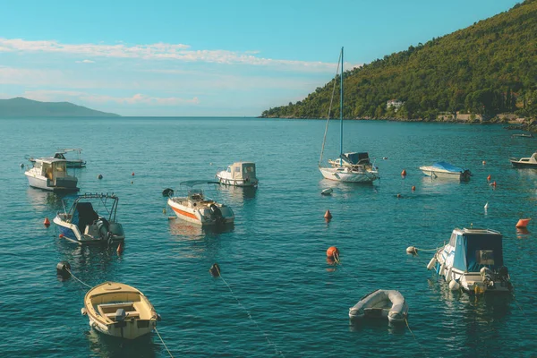 stock image Small boats moored in Lovran marina in Kvarner gulf on sunny summer day