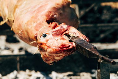 Geleneksel açık hava festivalinde kuzu tükürmek, seçici odaklanma