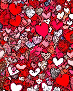 Valentine's day background made of various red heart shapes, generative ai illustration