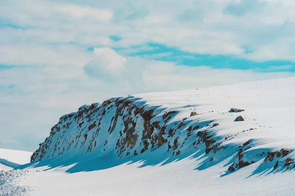 Kış mevsimi manzarası, arka planda mavi gökyüzü ve bembeyaz karla kaplı bir dağ tepesi.