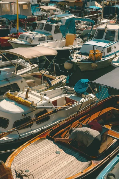 Fishing Boats Moored Small Marina Town Lovran Croatia Selective Focus — Photo