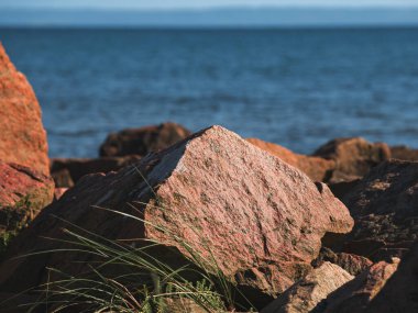 Granite rock at Kattegat sea shoreline at Halmstad West beach in Sweden. Selective focus.