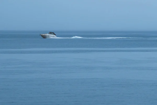 Small White Yacht Speeding Away Kvarner Gulf Autumn Rainstorm — Φωτογραφία Αρχείου