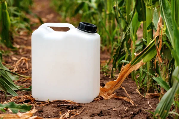 Blanko Attrappe Weißer Plastikkrug Für Herbizidchemikalien Kultiviertem Maisfeld Selektiver Fokus — Stockfoto