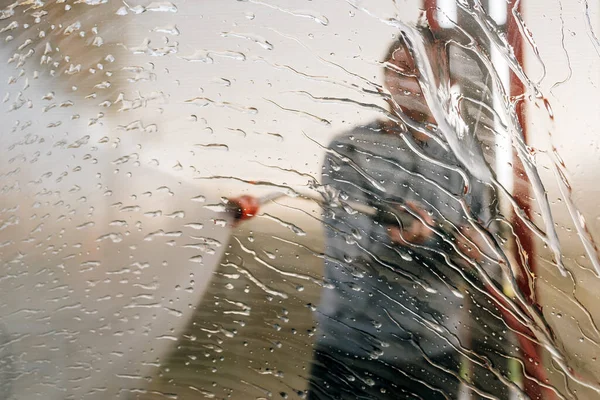 Man Washing Car Water Gun Carwash Self Service Soap Sud — Stock Fotó