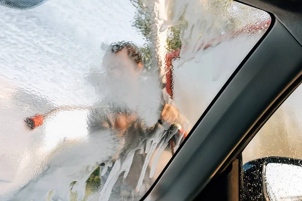 Man Washing Car Water Gun Carwash Self Service Soap Sud —  Fotos de Stock
