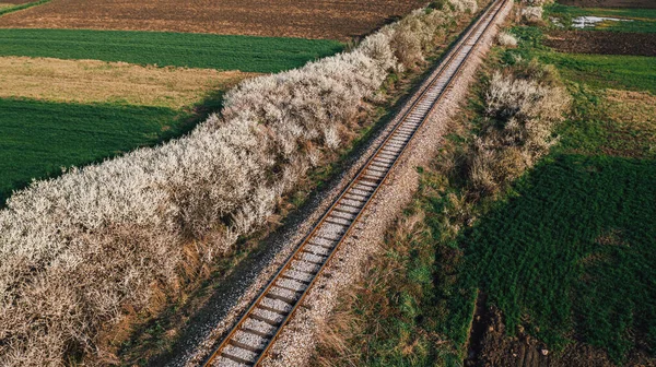 春の耕作された田園風景を介して実行されている鉄道線路の空中ショット 高角度ビュー ドローンのPov — ストック写真