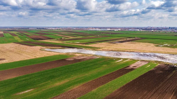 Πλημμυρισμένα Αγροκτήματα Την Άνοιξη Εναέρια Θέα Από Drone Pov Πλημμύρα — Φωτογραφία Αρχείου