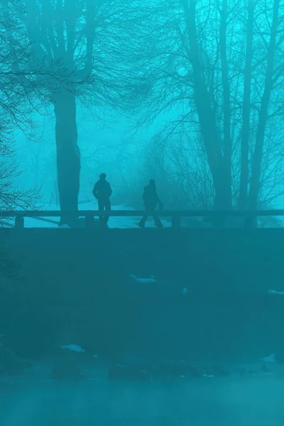 Δύο Άνθρωποι Περπατούν Πάνω Από Την Παλιά Πέτρινη Γέφυρα Στη — Φωτογραφία Αρχείου