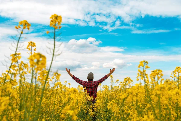 Başarılı Bir Erkek Çiftçi Ekose Gömlek Kollarıyla Havaya Kaldırılmış Kamyoncu — Stok fotoğraf