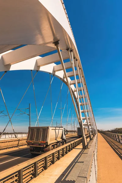 Truck Tipper Semi Trailer Crossing Bridge Selective Focus — Stock Photo, Image