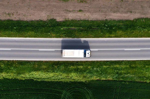 Transportation Logistics Aerial Shot Truck Driving Highway Countryside Sunny Summer — Stock Photo, Image