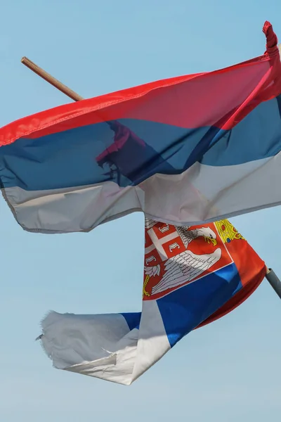 Torn Och Väderbiten Flagga Serbien Post Vinka Vinden Selektivt Fokus — Stockfoto