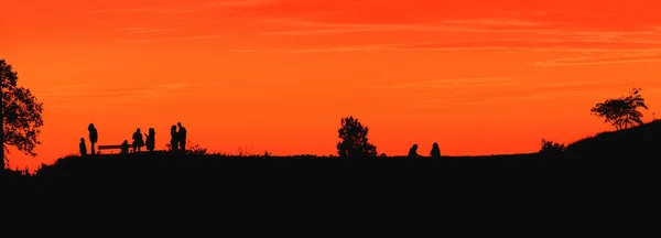 Silhouette Groupe Méconnaissable Personnes Profitant Vue Coucher Soleil Été Sur — Photo