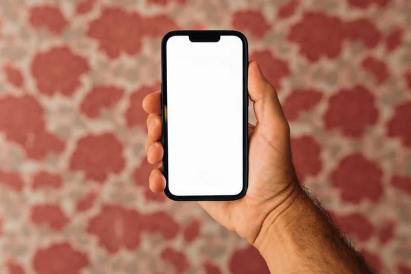 Mockup Tela Telefone Celular Branco Mão Masculina Homem Usando Dispositivo — Fotografia de Stock