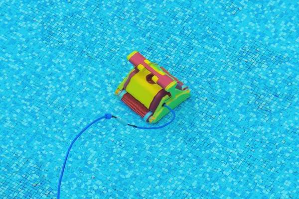 Robotic swimming pool cleaner in operation at the bottom of the pool, high angle view