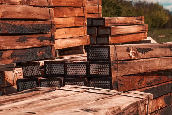 Massive Stack Wooden Railway Sleepers Ready Installed Railroad Selective Focus — Stock Photo, Image