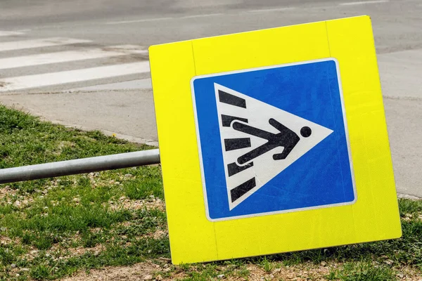 European Pedestrian Crossing Sign Knocked Ground — Stock Photo, Image