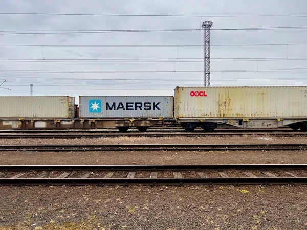 Novi Sad Sérvia Maio 2023 Vagão Trem Contêiner Carga Maersk — Fotografia de Stock