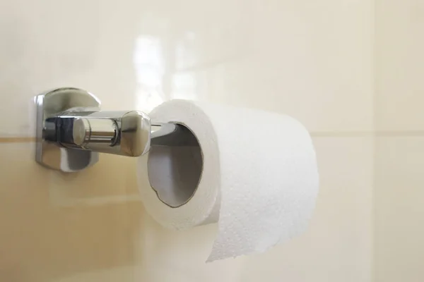 Roll Toilet Paper Wall Mounted Holder Selective Focus — Stock fotografie