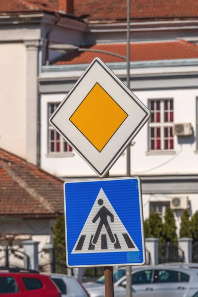Main Road Pedestrian Crossing Traffic Signs Street Selective Focus — Stock Photo, Image