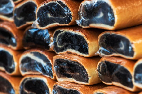 Poppy Seed Roll Cake Also Known Strudel Wrapped Plastic Outdoor — Stock Photo, Image