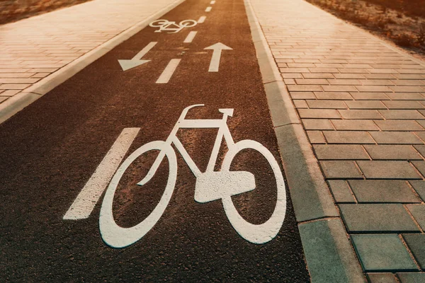 日没の自転車と方向矢印のシンボルとアスファルト自転車レーン — ストック写真
