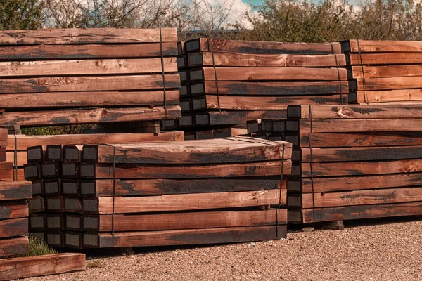 Massive Stack Wooden Railway Sleepers Ready Installed Railroad Selective Focus — Stock Photo, Image