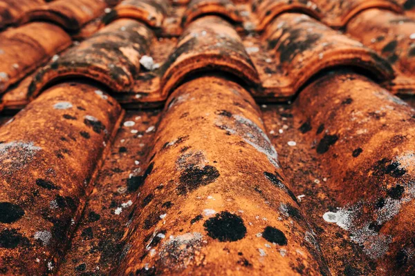 Closeup Old Rustic Terracotta Roof Tiles Pattern Background Architectural Detail — 스톡 사진