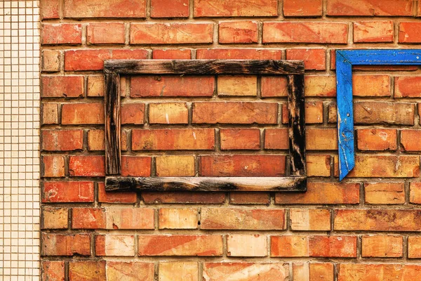 Old Wooden Frame Brick Wall Mockup Copy Space Abstract Background — Stock Photo, Image