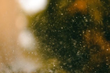 Raindrops during summer shower rain as abstract background, selective focus