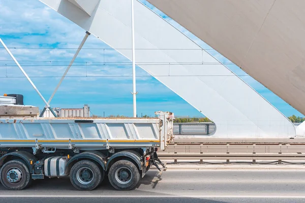 Dump Truck Crossing Bridge Industry Transportation Concept Selective Focus — Stock Photo, Image