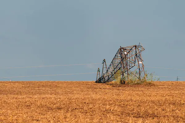 Bent Electricity Pylon Strong Summer Storm Climate Change Consequences — Stock Photo, Image