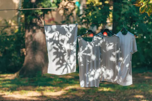Old White Shirts Drying Clothesline Back Yard Selective Focus — Stock Photo, Image