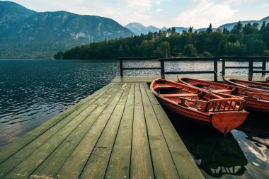 Slovenya 'daki Bohinj Gölü' ndeki ahşap sandal tekneleri, seçici odaklanma