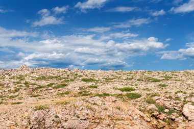 Hırvatistan 'ın Kvarner körfezindeki Krk adasına özgü Karst manzarası, güzel yaz bulutlarıyla manzaralı