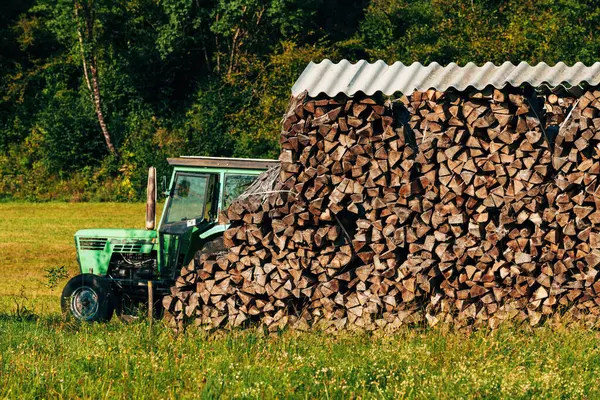 Chopped Firewood Stack Farm Drying Winter Season Selective Focus — Stock Photo, Image