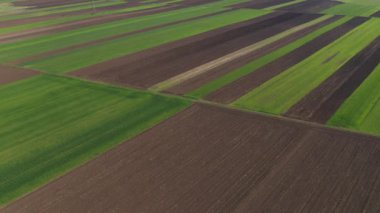 Soyut tarımsal arkaplan, insansız hava aracı pov 'undan ekilmiş tarlaların güzel renkli yama deseni