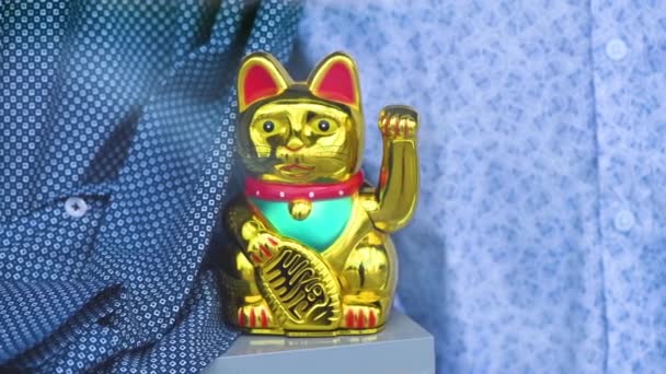 中国挥动的猫 也被称为Maneki Neko 装饰着一家时尚服装精品店的店面 这只幸运的猫是中国文化中吉祥繁荣的象征 有选择的重点 — 图库视频影像