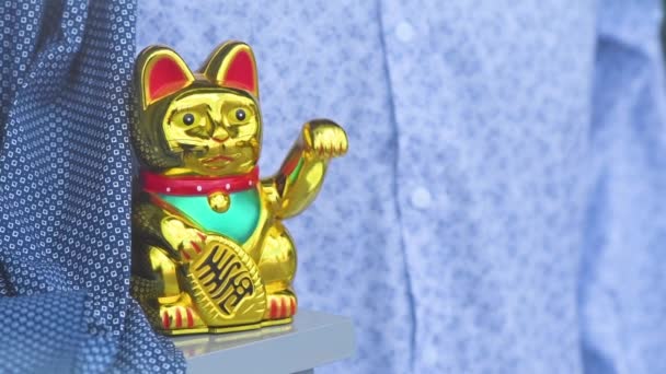 Maneki Neko Japán Integető Macska Díszíti Bolt Egy Divatos Ruhaüzlet — Stock videók
