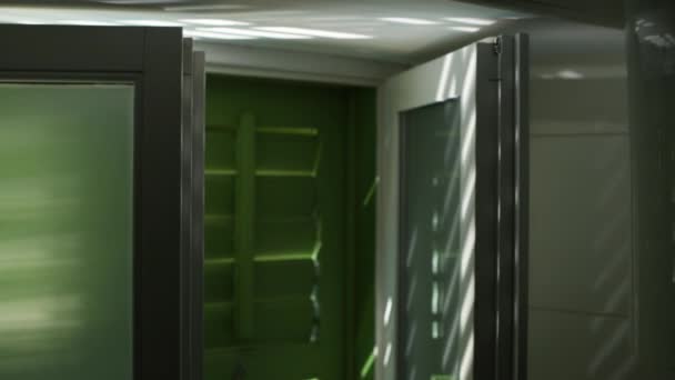 緑の木のシャッター 選択的な焦点が付いている浴室の窓の夏の日光 — ストック動画