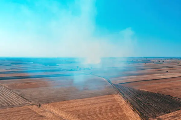 采收谷粒后的麦田秸秆燃烧是空气污染的主要原因之一 空中从无人侦察机发射 视角高 — 图库照片