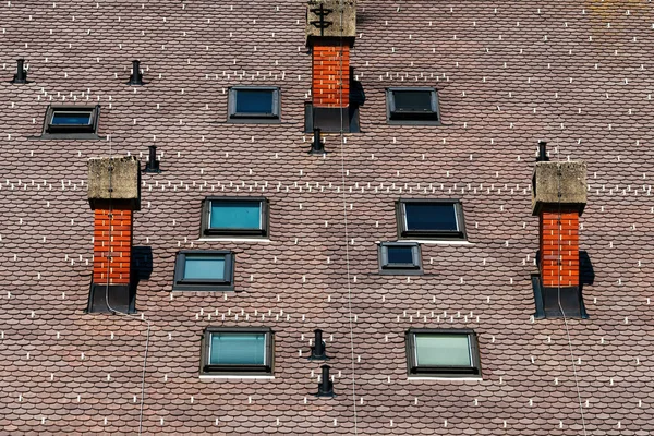 Roof Tile Pattern Chimneys Skylight Windows Snow Stoppers Lightning Rods — Stock Photo, Image