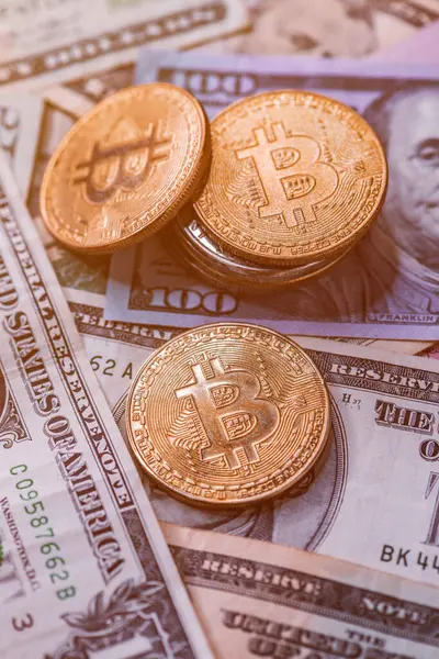 Empilement Pièces Bitcoin Sur Les Billets Dollars Américains Mise Point — Photo