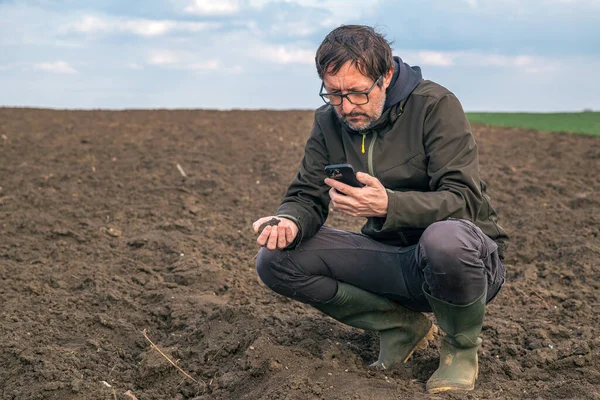 Agronomist Professional Using Smartphone App Gather Information Analyzed Soil Sample — Stock Photo, Image